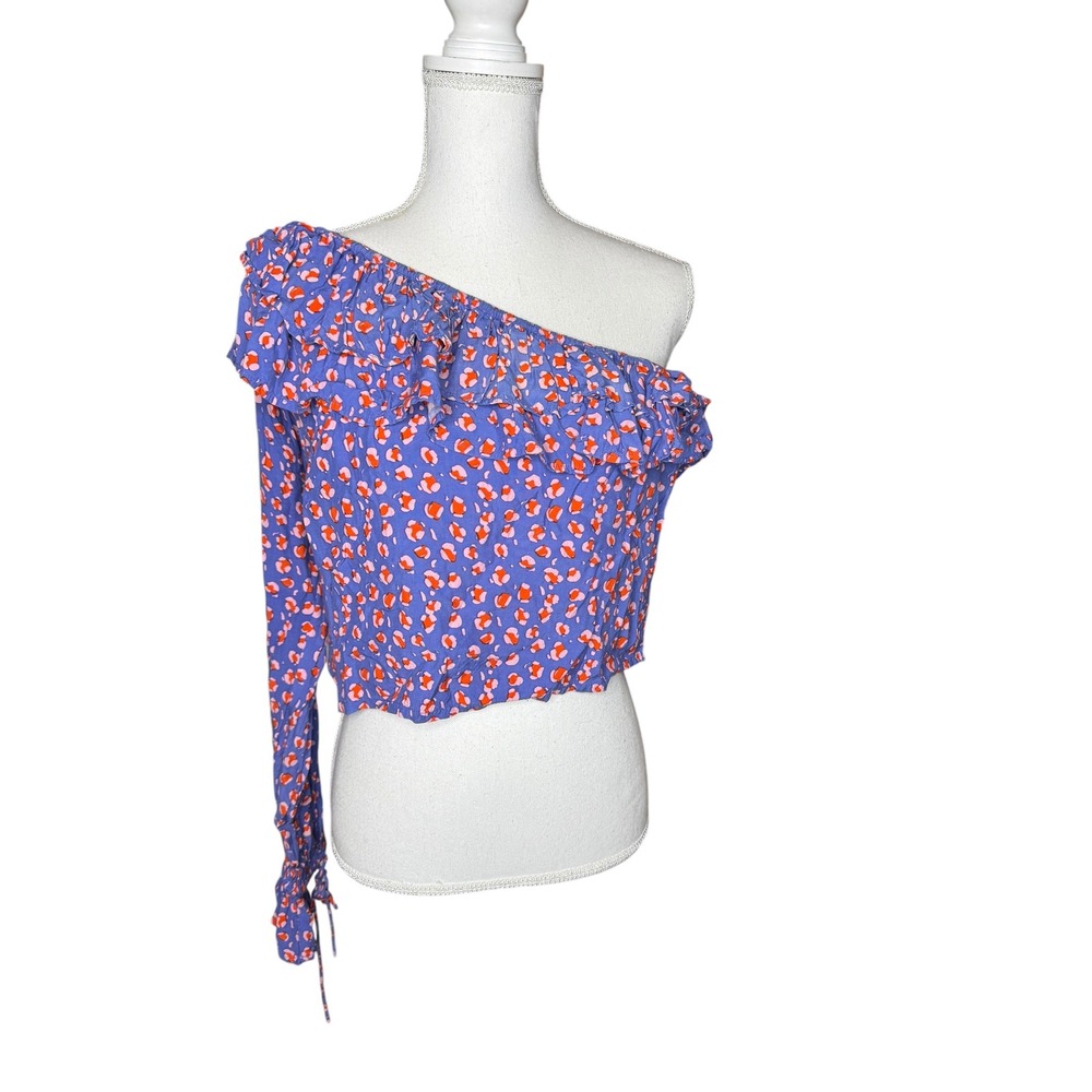 Rue Stiic Westcott Purple Leopard One Shoulder Ruffle Crop Top Long Sleeve Small